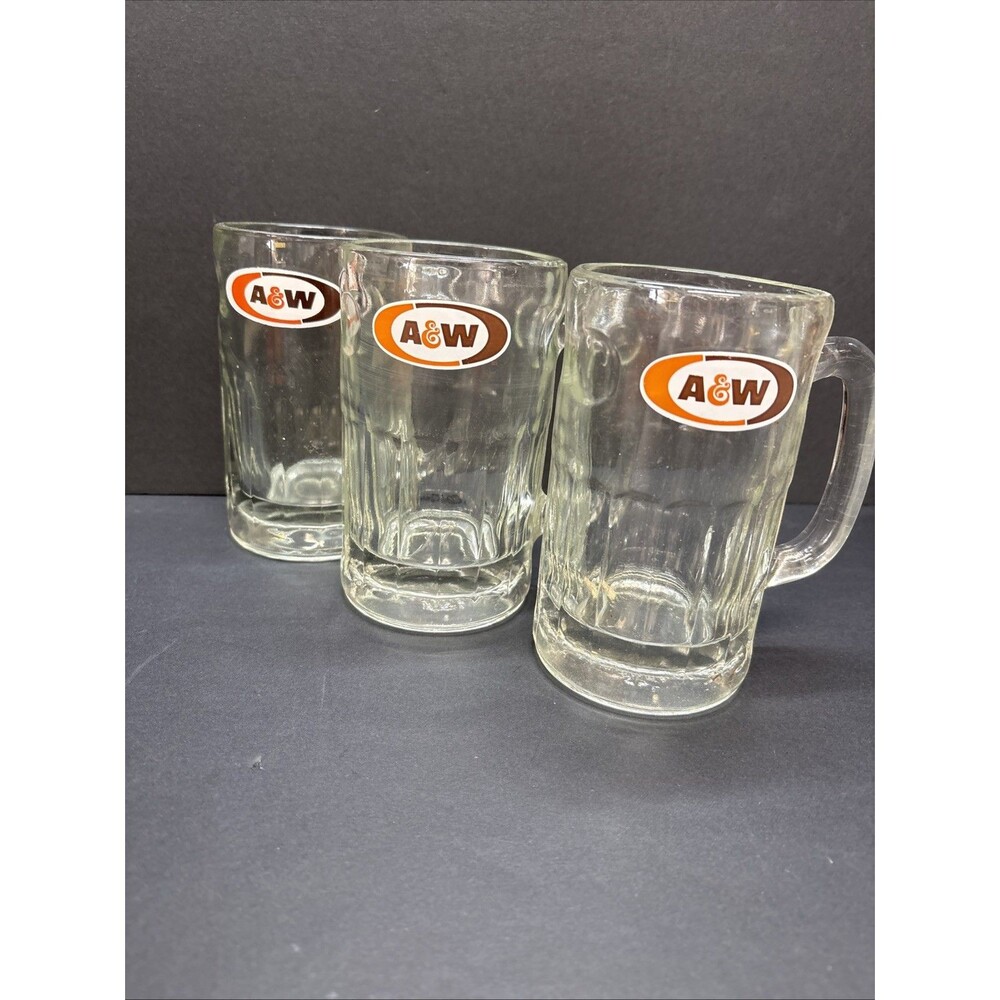 Set Of 3 Vintage A&W Root Beer All-American Food Heavy 6" Glass Mugs